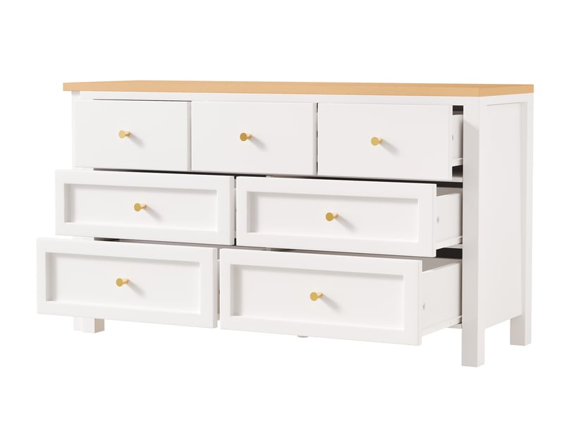  Bureau d'angle pivotant avec commode 7 tiroirs, coiffeuse blanche et chêne, table de travail modulable 360° pour bureau et chambre.  - Conforama R