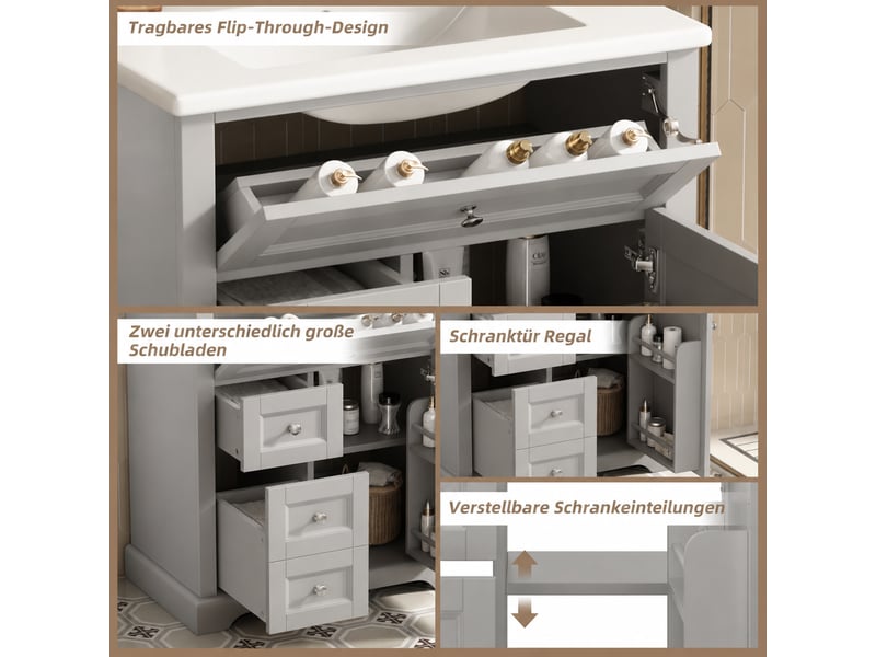  Meuble vasque sur pied gris, 76 x 46 x 87 cm, en mdf et céramique, avec étagères réglables et vasque intégrée  - Conforama C