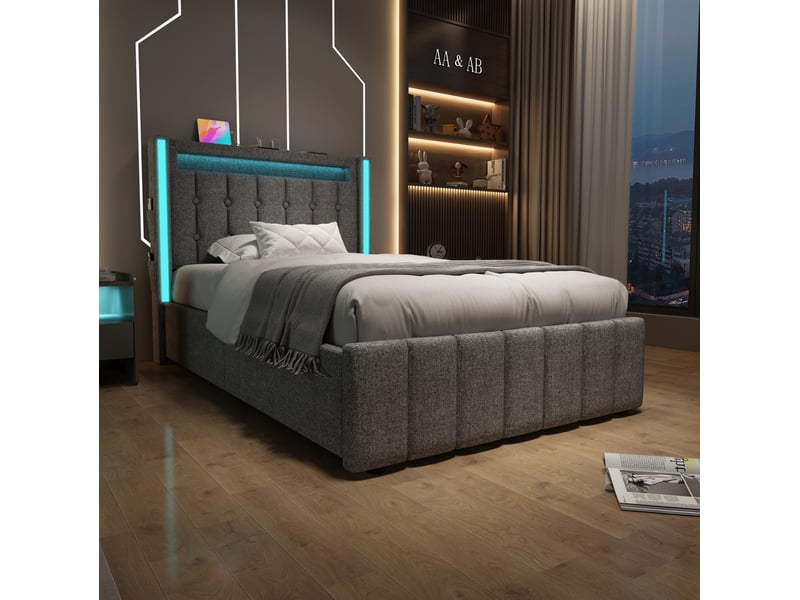  Modenvie lit 1 place avec tiroirs 90x200 cm - led, ports usb et usb-c, avec matelas - gris  - Conforama E