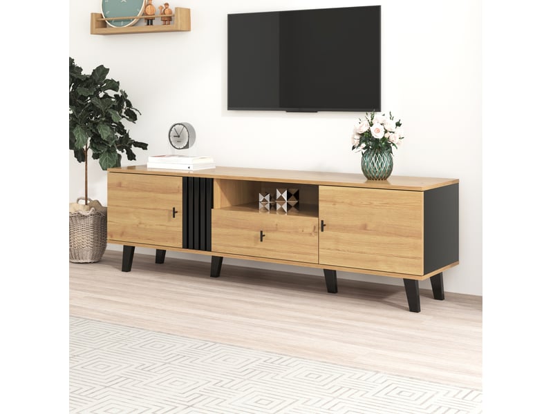  Meuble tv modenvie 170 x 40 x 50,5 cm 2 portes 1 tiroir noir et décor bois  - Conforama E