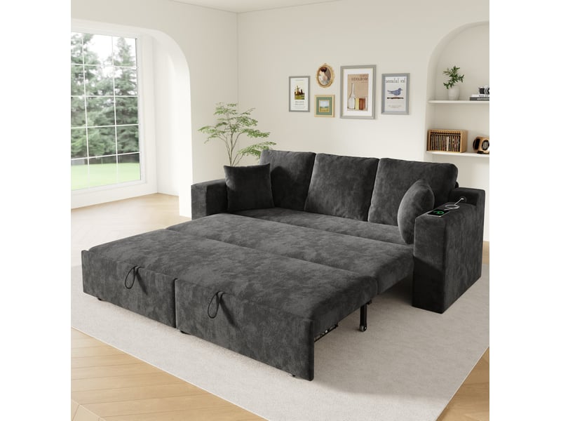  Canapé convertible 3 places avec rangement et ports usb en chenille grise  - Conforama D