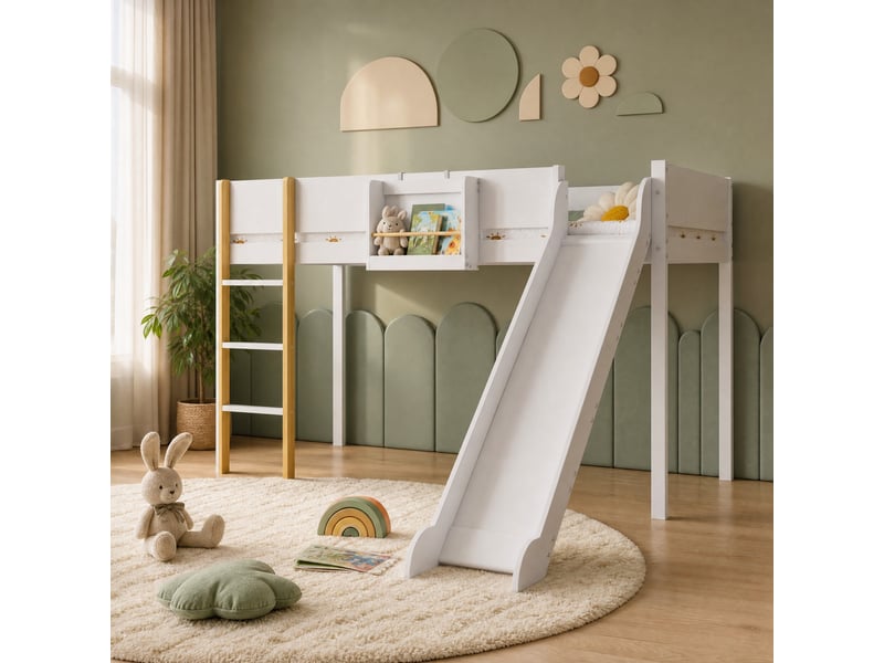  Lit mezzanine enfant avec toboggan et étagère amovible blanc et naturel 90 x 200 cm  - Conforama B