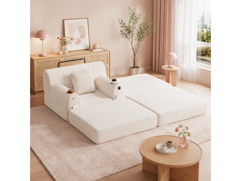  Canapé convertible 1 place en cord beige avec pouf, dossier haut, 4 poches et 2 porte-gobelets, sans montage  - Conforama B