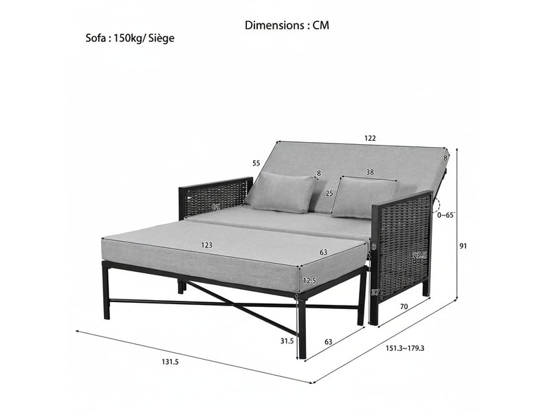  Mobilier de jardin 2 personnes, canapé de jardin, lit de repos extérieur, dossier réglable (5 niveaux), repose-pieds rétractable, gris  - Conforama E