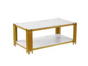 Table basse rectangulaire blanc et or - plateau effet marbre, pieds métal - 114x64x46 cm