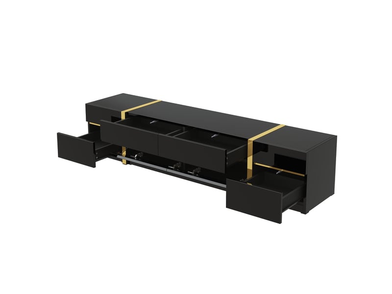  Meuble tv avec 4 tiroirs et 2 portes, rangement pratique, mdf noir brillant avec détails dorés, 180x40x38 cm  - Conforama W