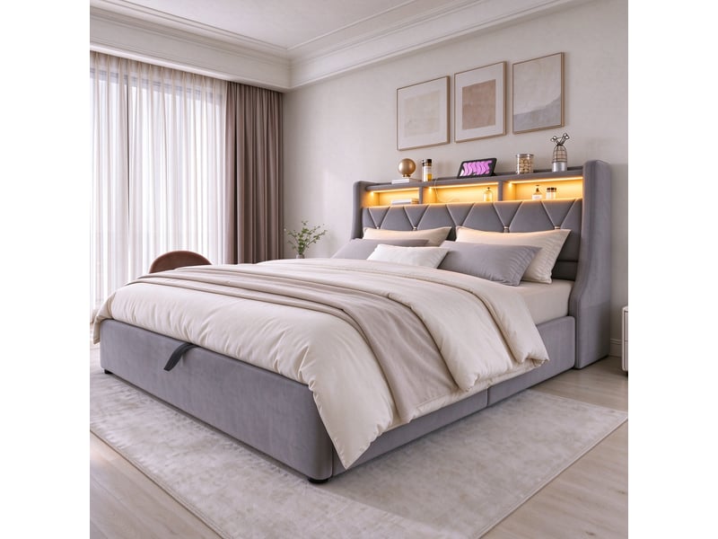 Lit coffre hydraulique 160x200 cm en velours, tête de lit rabattable avec rangement, LED, prise USB et Type-C, pieds élargis - Gris - Conforama B