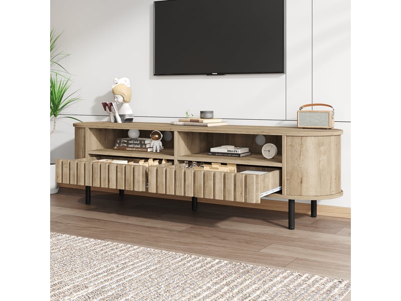  Meuble tv 160 x 40 x 48 cm – 2 placards et 2 tiroirs – mdf – 5 pieds – jusqu’à 65 pouces – bois naturel  - Conforama E