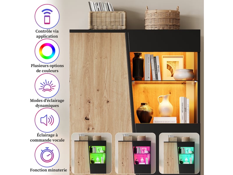 Vitrine 80x35x139,5 cm noire et bois avec led, porte vitrée et rangements multiples  - Conforama D