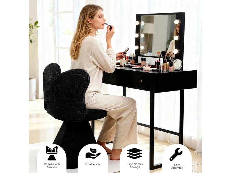  Fauteuil pivotant avec dossier papillon pour coiffeuse, salon ou salle à manger en tissu noir 52 × 52 × 78 cm  - Conforama E