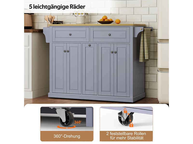  Îlot de cuisine mobile bois naturel et gris en mdf, plateau rabattable, roulettes verrouillables, 121 × 49 (69) × 89 cm  - Conforama D