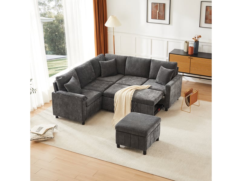 Canapé d’angle convertible avec pouf coffre et liseuse gris 205 × 205 × 85 cm IKSETERA TRADING LTD - Conforama E