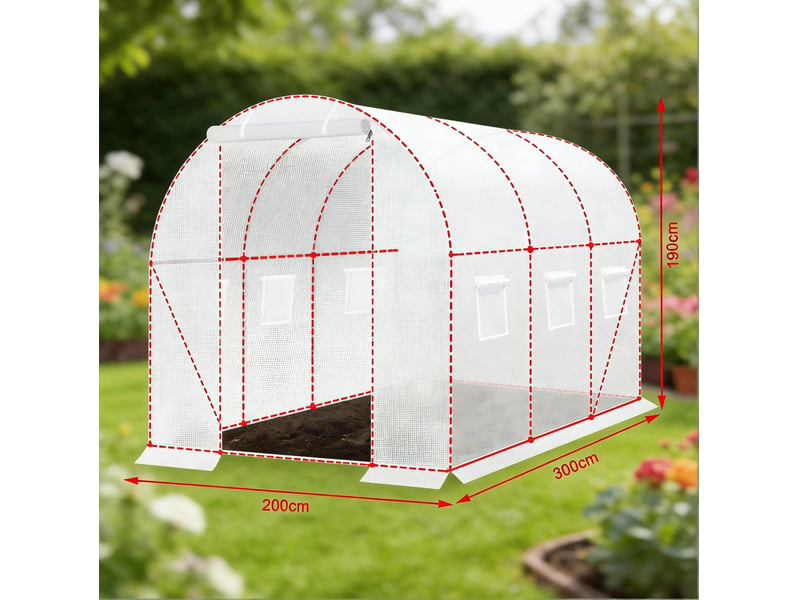  Serre de jardin tunnel 6 m² blanche en acier galvanisé et toile pe, avec porte zippée et 6 fenêtres ouvrantes  - Conforama C