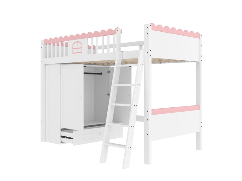  Lit mezzanine enfant avec led, armoire et tiroir, pin blanc, 90x200 cm  - Conforama E