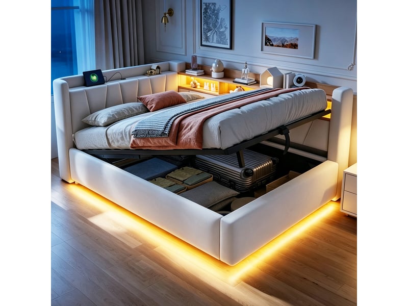 Lit banquette coffre 140x200cm avec rangement hydraulique, led, usb, dossier et accoudoir rembourrés, velours beige, lit double moderne pour chambre  - Conforama B