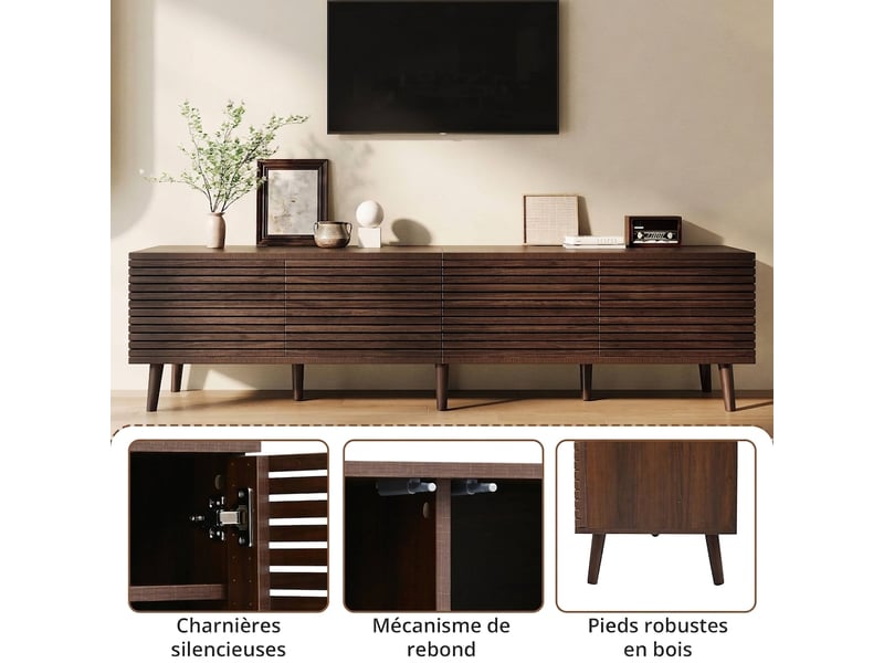  Meuble tv 180 cm pour tv 75 pouces - 4 portes à lattes couleur noyer avec passe-câbles  - Conforama D