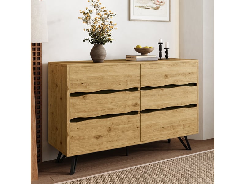  Commode 6 tiroirs – effet bois, pieds en métal, grand espace de rangement, design minimaliste – 120 x 40 x 75,5 cm  - Conforama D