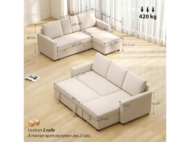  Canapé d'angle convertible modulable avec méridienne réversible, coffre de rangement et 3 coussins de dossier, crème  - Conforama C