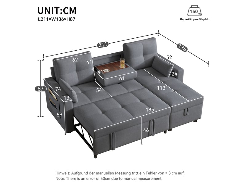 Canapé d'angle convertible 3 places en tissu effet lin, méridienne réversible, rangement, 211×136×87 cm - Conforama C