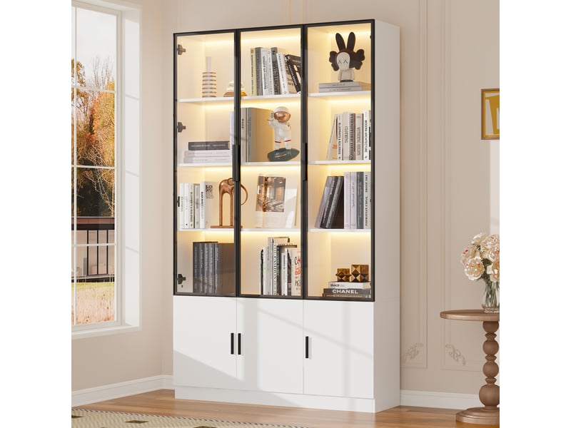  Vitrine de rangement, coloris blanc, 120 x 32 x 200 cm, pour salon, solution de rangement fonctionnelle, pour maison et appartement  - Conforama R