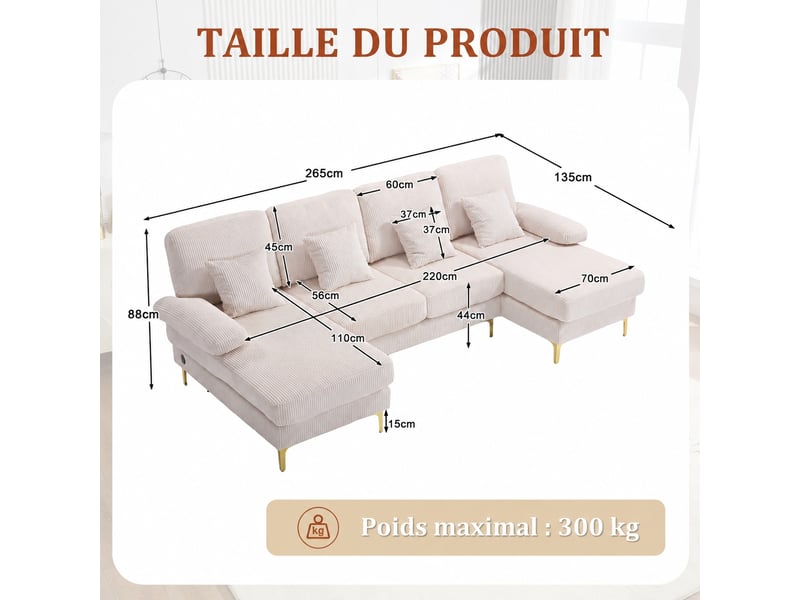  Canapé en u beige avec méridiennes, velours côtelé, éclairage led intégré et port usb-c, 4 places  - Conforama C