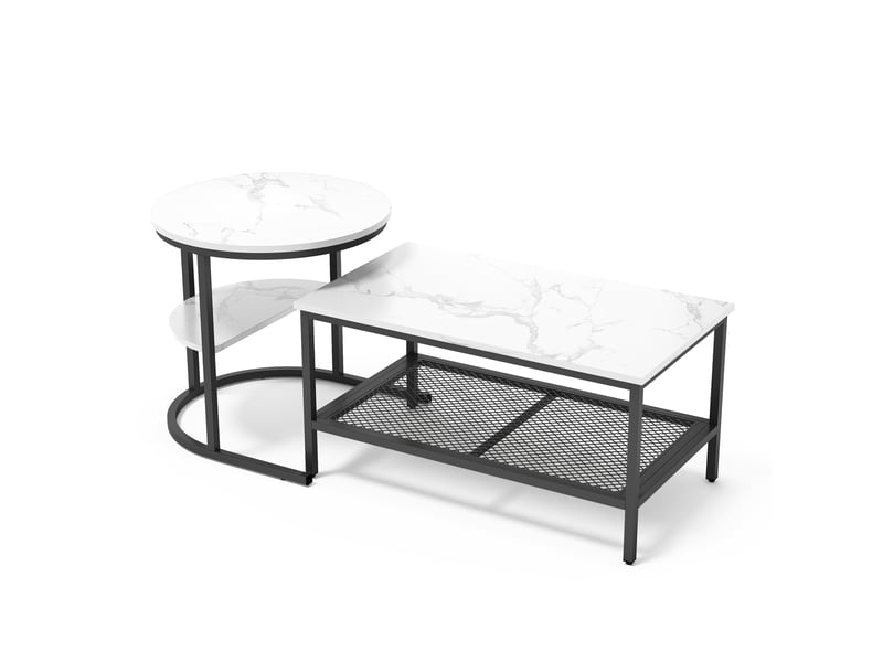 Lot de 2 tables basses gigognes – 80 x 46 x 41 cm – double rangement & pieds métal – effet marbre - blanc et noir - Conforama A