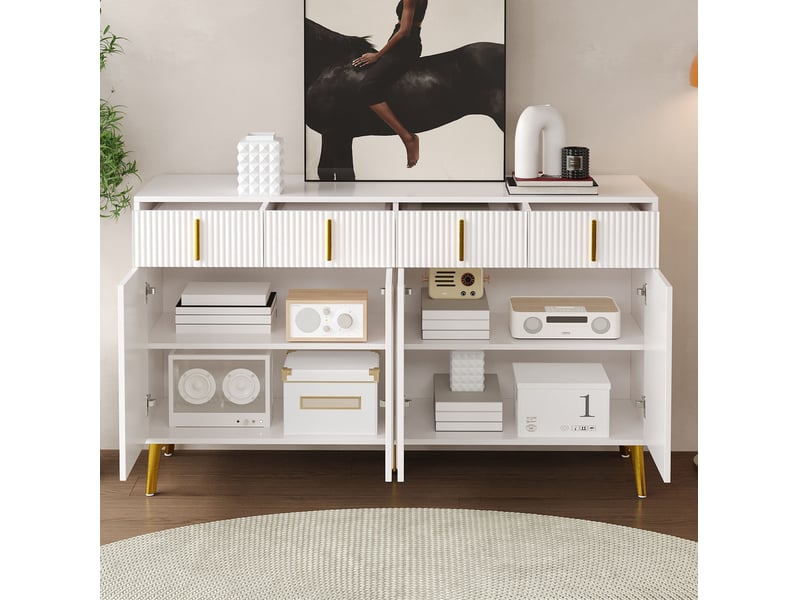  Buffet modenvie 4 portes 4 tiroirs 140 x 38 x 82 cm mdf blanc poignées et pieds dorés  - Conforama D