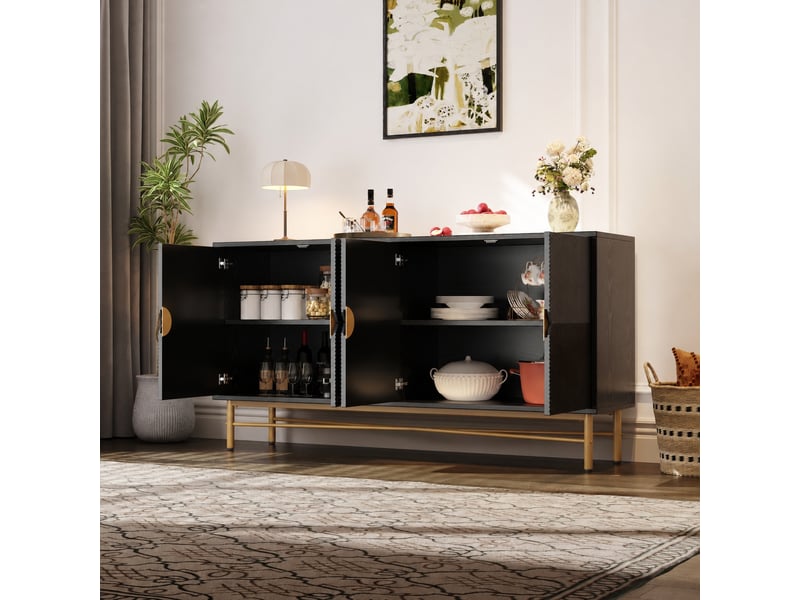 Buffet noir 4 portes à relief, fermeture amortie, poignées dorées brossées, 160 × 40 × 82 cm - Conforama D