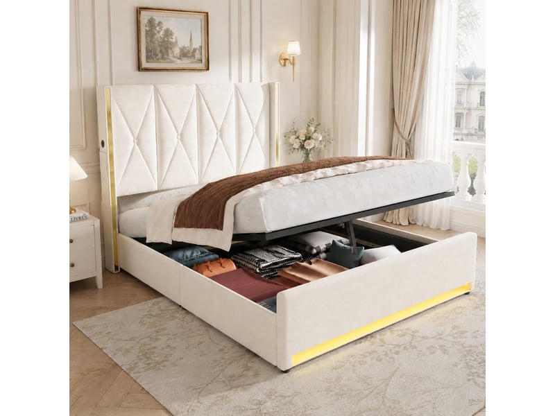  Lit coffre en velours 160 x 200 cm, tête haute capitonnée, relevage hydraulique, usb et type-c, led, beige  - Conforama B
