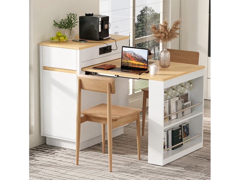  Desserte de cuisine extensible 58x80,5x94 cm, crochets et prises, roulettes, blanc, mdf et panneau de particules  - Conforama B