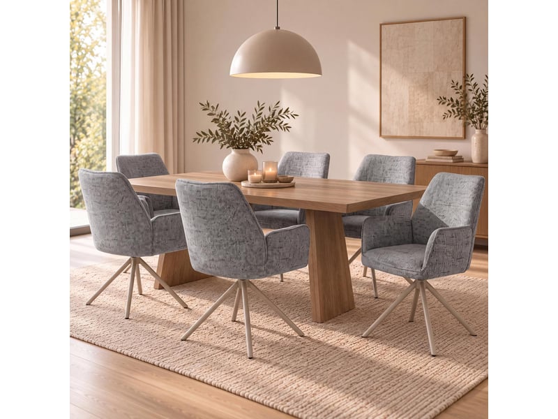  Lot de 6 chaises de salle à manger hwc-g67, pivotantes, position automatique, métal, chenille (410 gm²) - piètement crème, gris clair  - Conforama B