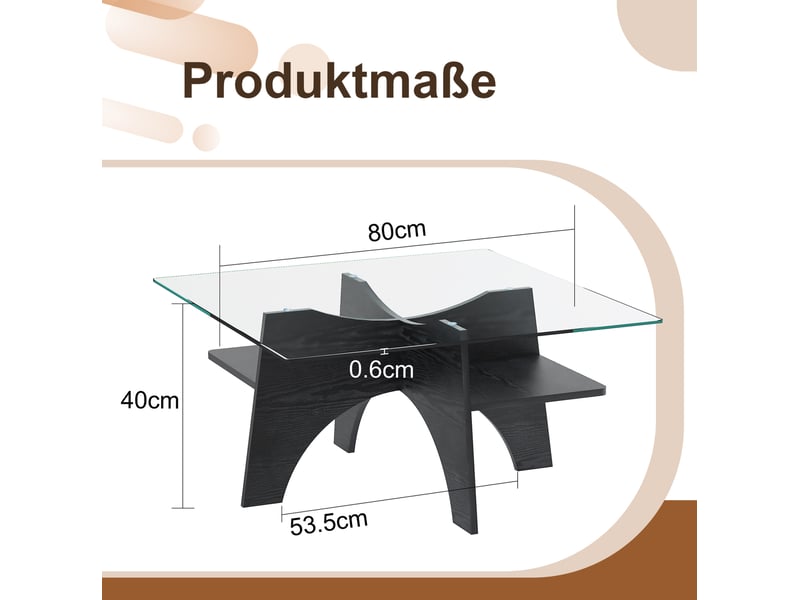  Table basse carrée en verre de sécurité avec structure en mdf noir, style moderne pour salon, bureau et salle à manger  - Conforama E