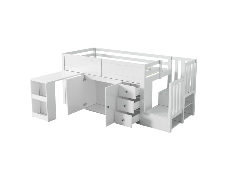  Lit mezzanine enfant multifonctionnel avec bureau escamotable et compartiment de rangement latéral, armoire, tiroir, escalier et placard sous l'escalier, sans matelas, mdf, blanc 90*200  - Conforama E