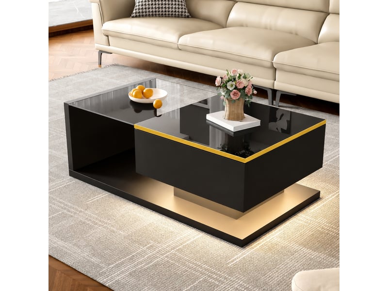  Table basse noire brillante avec rangement, plateau en verre trempé et led, 90 x 50 x 32,5 cm  - Conforama D