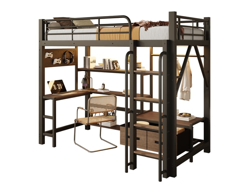 Lit mezzanine enfant 90 × 200 cm avec bureau, led, usb, étagères et tiroirs, sans matelas, métal et mdf noir - Conforama A
