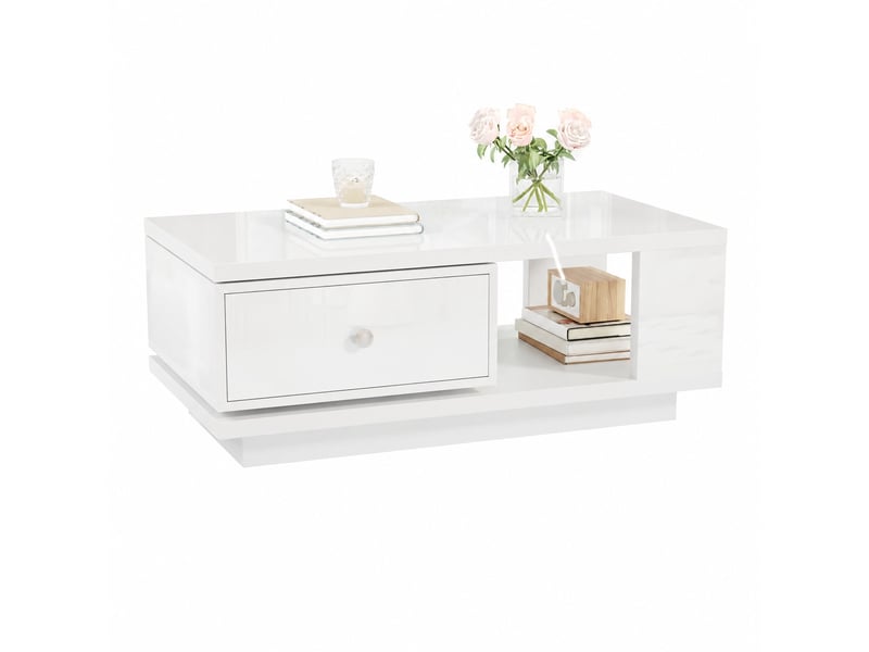  Table basse blanche brillante avec tiroir pivotant, 90 x 48 x 35 cm  - Conforama A