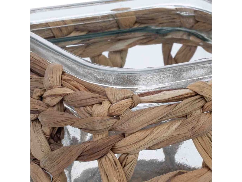  Bougeoir en verre recouvert de fibres naturelles marron, 11,5x11,5x12h cm  - Conforama D