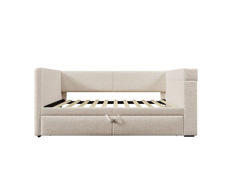  Canapé-lit 90x200 cm, lit enfant, couchage d'appoint, couchage gigogne extensible, usb et usb-c, lin beige  - Conforama B