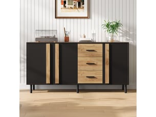 Buffet 140 x 35 x 70 cm, 3 portes et 3 tiroirs, 6 pieds métal, mdf noir et effet bois naturel