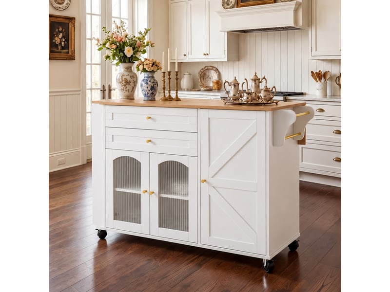 Îlot de cuisine - 2 tiroirs - rangements intégrés - portes vitrées - plateau rabattable - sur roulettes - meuble de cuisine - blanc CozyNest - Conforama C