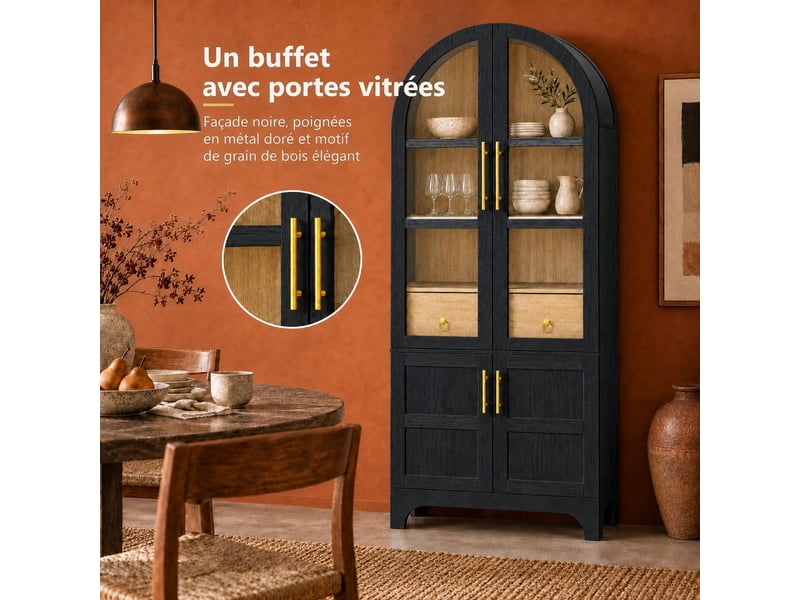  Meuble de cuisine muvano, buffet haut noir vitré à sommet arrondi, 76 × 40 × 180 cm  - Conforama E