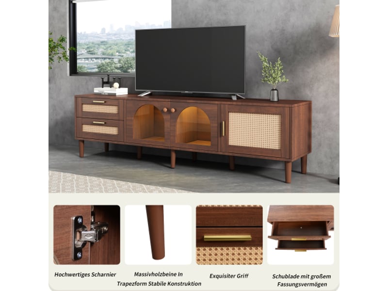  Meuble tv marron, 180 cm, pour téléviseurs de 80 pouces, support tv, 2 tiroirs en rotin, 2 portes vitrées, 1 porte en rotin, led  - Conforama E
