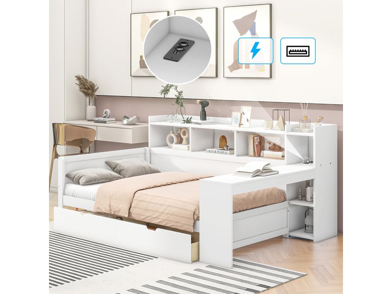 Lit banquette 90x200 blanc avec bureau intégré, tiroirs et prises usb  - Conforama E