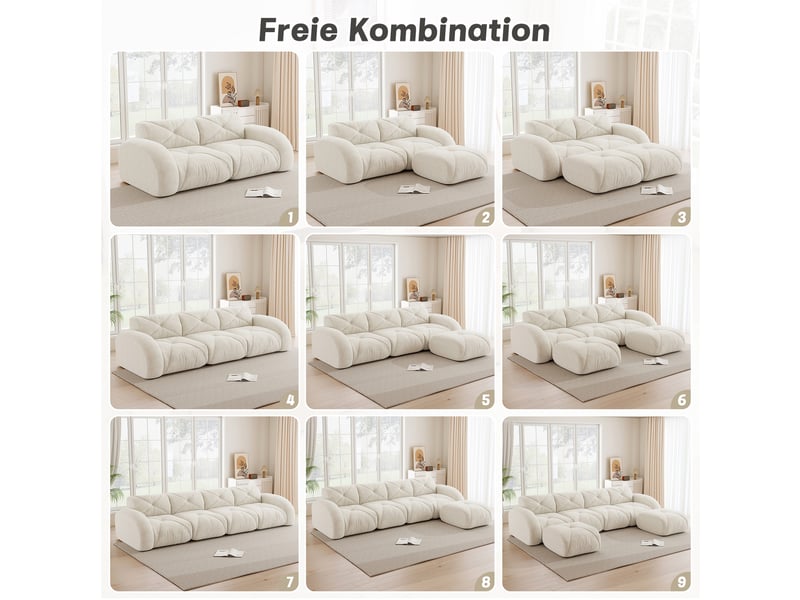 Canapé d’angle panoramique 4 places en tissu blanc, 358 cm, avec 1 poufs W3325S00341 - Conforama E