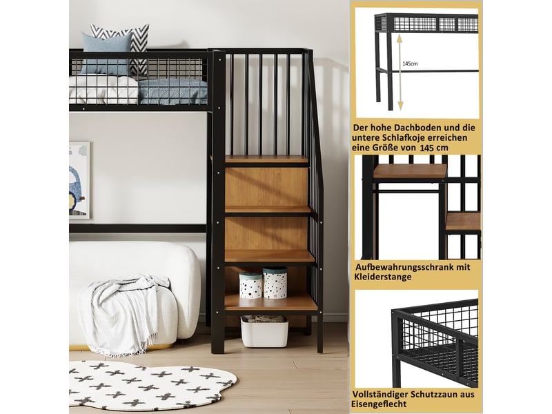  Lit mezzanine 90*200 cm noir avec échelle, cadre métallique, rangement et armoire pour enfant  - Conforama E