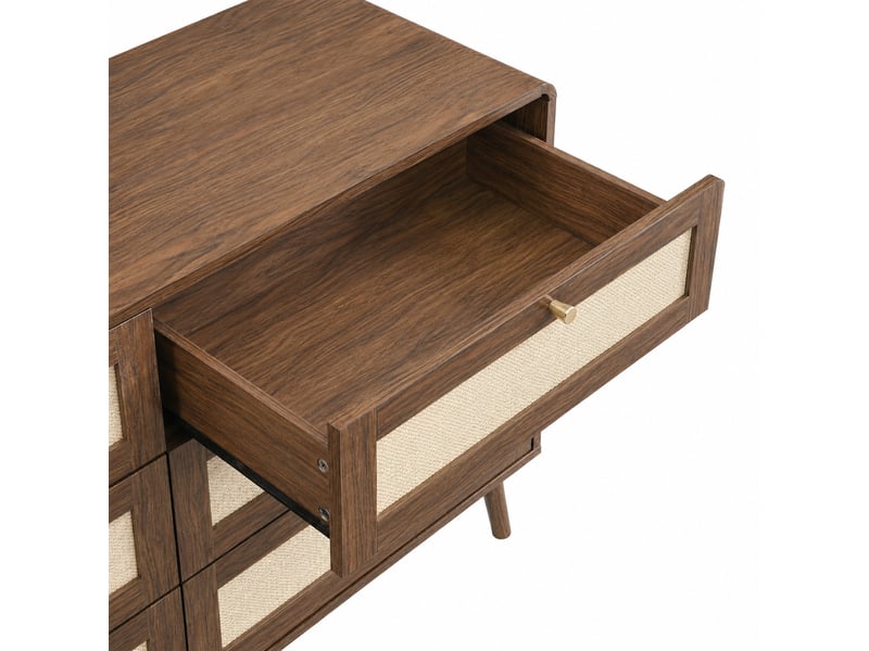 Commode noyer, 120 × 40 × 80 cm, mdf, avec 6 tiroirs, façades effet rotin, pour chambre et séjour, rangement quotidien - Conforama E