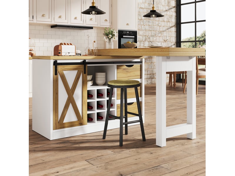  Îlot de cuisine extensible 120-197x40x72 cm avec 3 tiroirs blanc et effet chêne  - Conforama W
