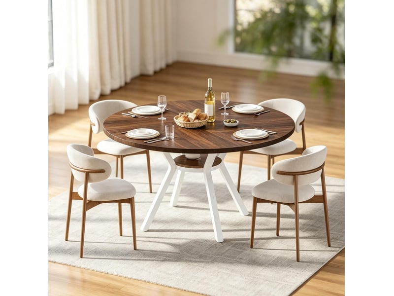 Table à manger ronde 120 cm pour 4 à 6 personnes avec tablette, marron et blanc - Conforama D