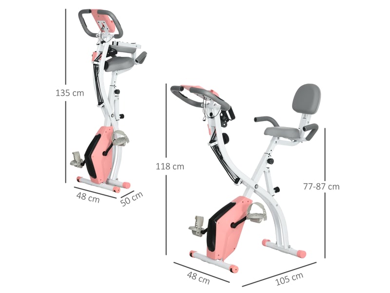  Vélo appartement pliable, hauteur réglable, résistance magnétique, lcd, dossier, cardio, max 120 kg, 105x48x118 cm, rose.  - Conforama E