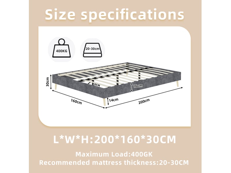  Sommier 2 places 160x200 cm en velours gris avec matelas  - Conforama C